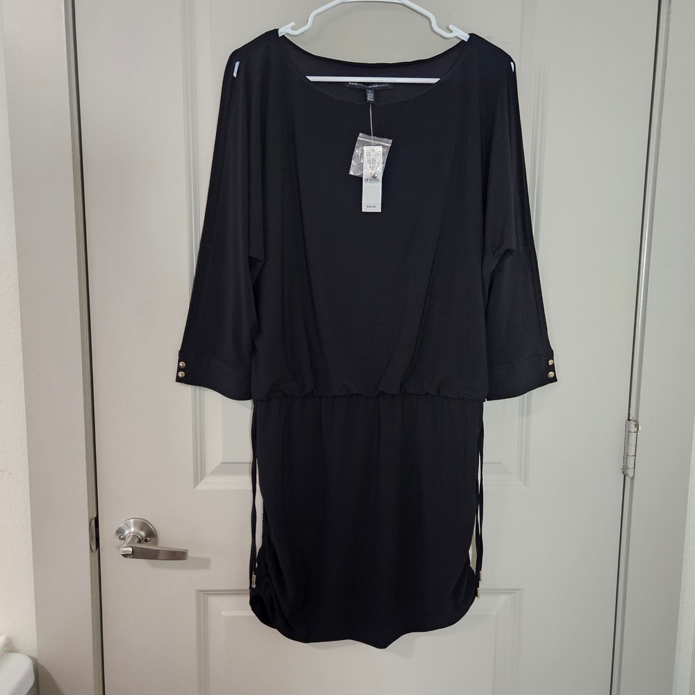 White House Black Market Black Cold Shoulder Ruched Side Pocket Dress Large NEW